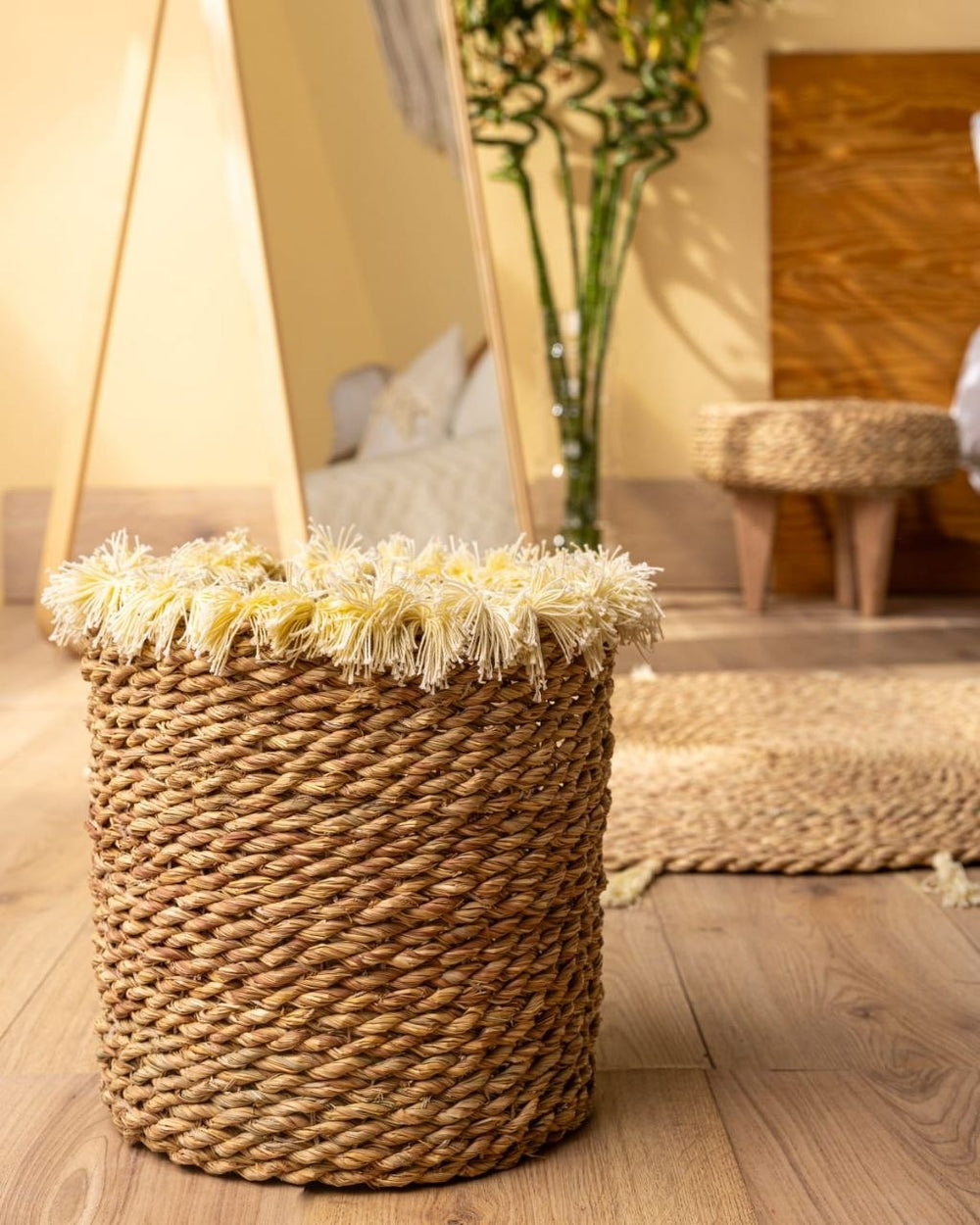 Handwoven Halfa Storage Basket – Fringed Rim