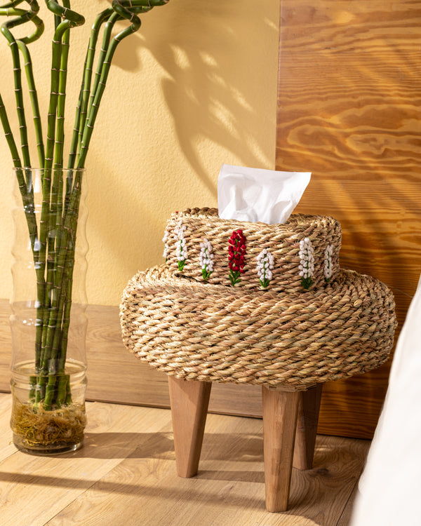 Handmade Halfa Mini Pouf with Wood Legs – Compact Stool