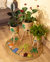 Halfa Planter Stand Set with Rustic Embroidery & Live Plants