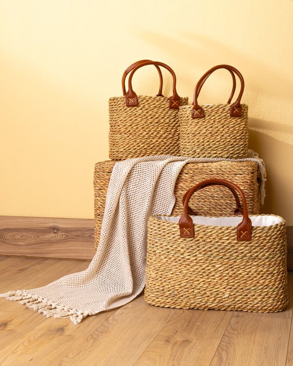 Handmade Palm Leaf Tote Bag with Leather Handles