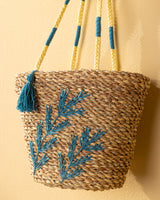 Handmade Palm Leaf Tote Bag with Teal Fern Embroidery