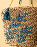 Handmade Palm Leaf Tote Bag with Teal Fern Embroidery