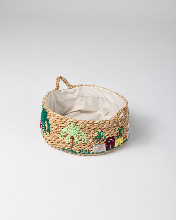 Handmade Halfa Basket with Rustic Palm Embroidery