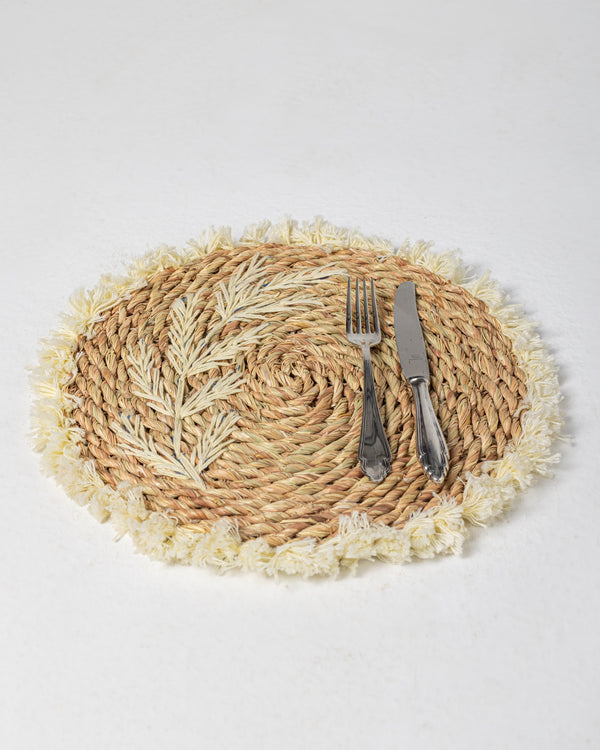 Handmade Halfa Coaster – Leaf Embroidery & Fringe