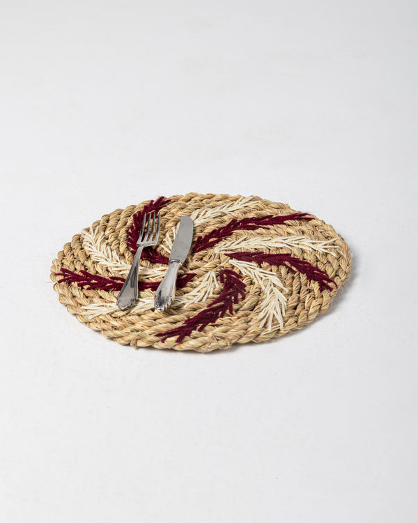 Handmade Halfa Coaster – Two-Tone Fern Embroidery