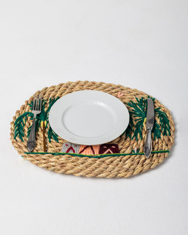 Handmade Halfa Oval Placemat with Rustic Palm Embroidery