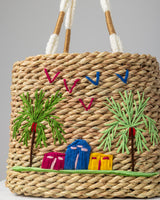 Handmade Palm Leaf Tote Bag with Village Embroidery