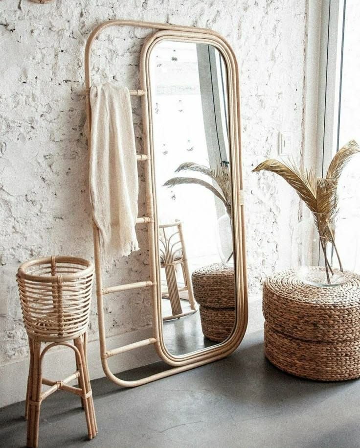 Handmade Bamboo Ladder Mirror with Towel Rack